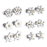 6pairs Silver Flower Ball Piercing Stud Earrings Set for Women