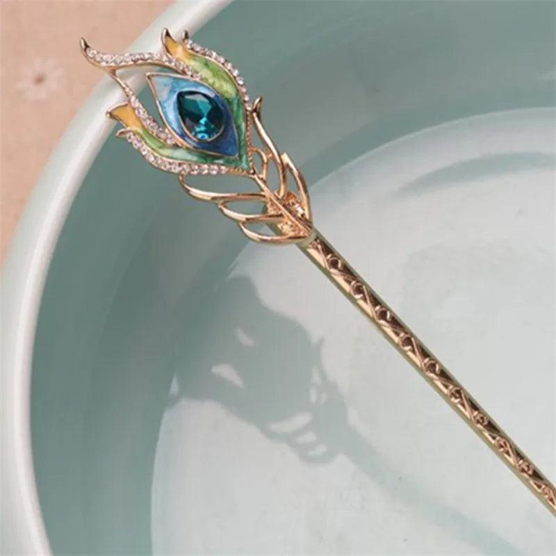 Enamel Peacock Feather Hair Sticks Wedding Hair Jewelry Crystal Hairpin