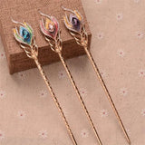 Enamel Peacock Feather Hair Sticks Wedding Hair Jewelry Crystal Hairpin