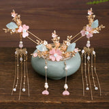 Chinese Hair Sticks Tiaras Headpiece Pearl Tassel Flower Hairpins Vintage