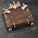 Chinese Hair Sticks Tiaras Headpiece Pearl Tassel Flower Hairpins Vintage