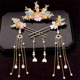 Chinese Hair Sticks Tiaras Headpiece Pearl Tassel Flower Hairpins Vintage