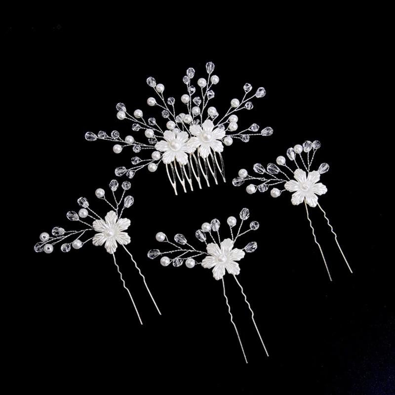 Floral Hair Comb Hairpin Silver Pearl Crystal Hair Clips Fork Bride Tiaras