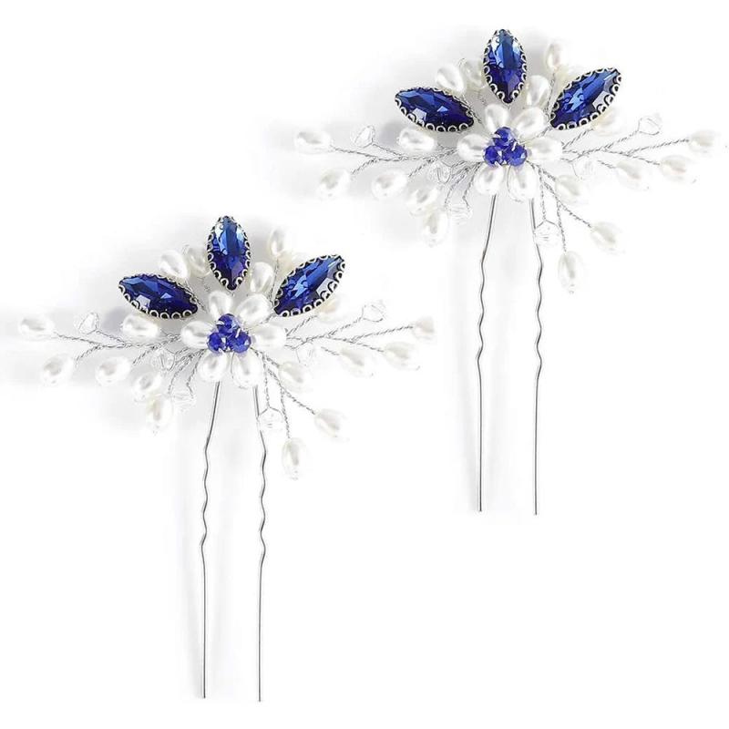2PCS Wedding Hairpins Pearl Crystal Hair Forks U-shaped