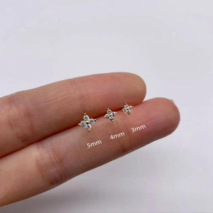 925 Silver 3/4/5mm Four Petals Zircon Flower Stud Earrings Set