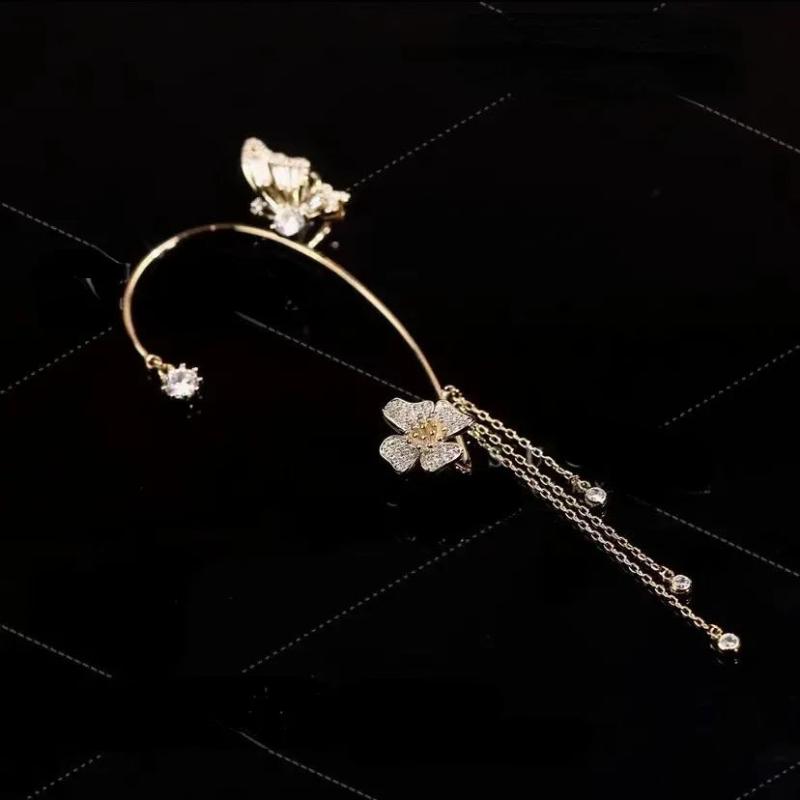 Crystal Butterfly Clip Earring Pearl Bead Tassel Charm Hollow Clip Wedding