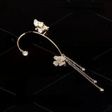 Crystal Butterfly Clip Earring Pearl Bead Tassel Charm Hollow Clip Wedding
