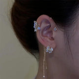 Crystal Butterfly Clip Earring Pearl Bead Tassel Charm Hollow Clip Wedding