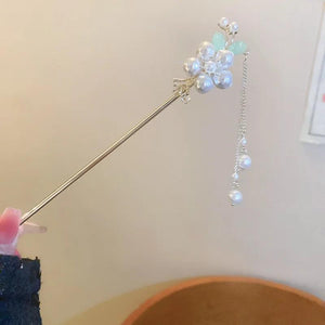 Pearl Flower Tassel Hair Stick Chinese Hanfu Hairpin Bridal Headdress Hair Fork