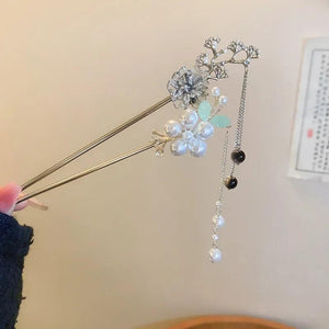Pearl Flower Tassel Hair Stick Chinese Hanfu Hairpin Bridal Headdress Hair Fork
