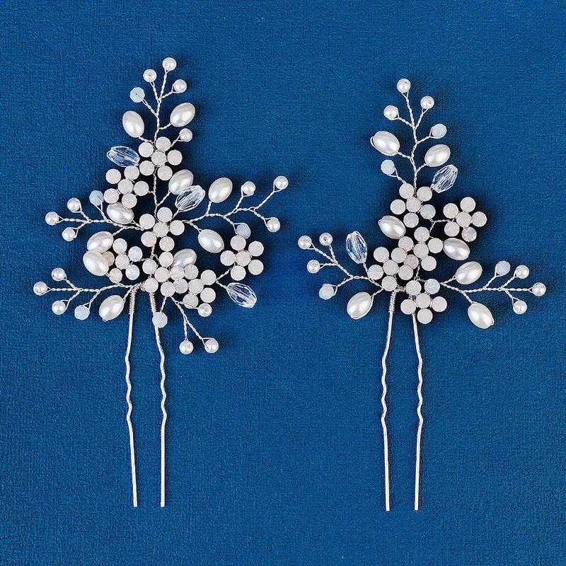Crystal Flower Hair Pins Forks Clips for Women Pearl Bridal Wedding