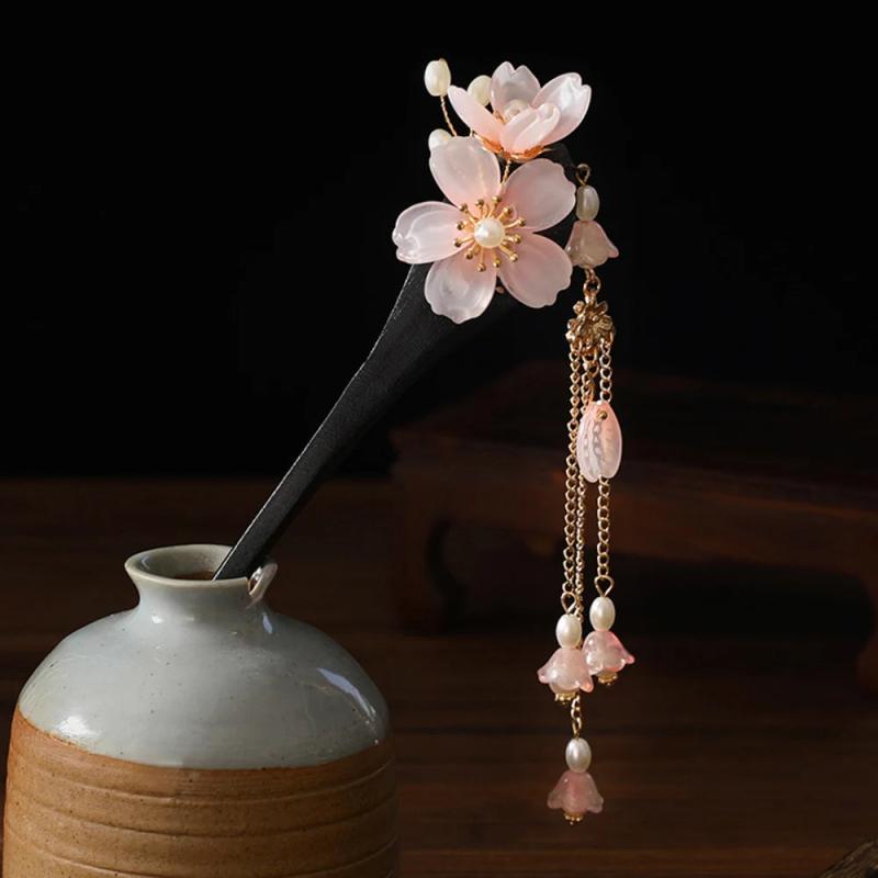 Chinese Hair Stick Flower Tassel Hairpin Sandalwood Ancient Girls Hair Bun Forks