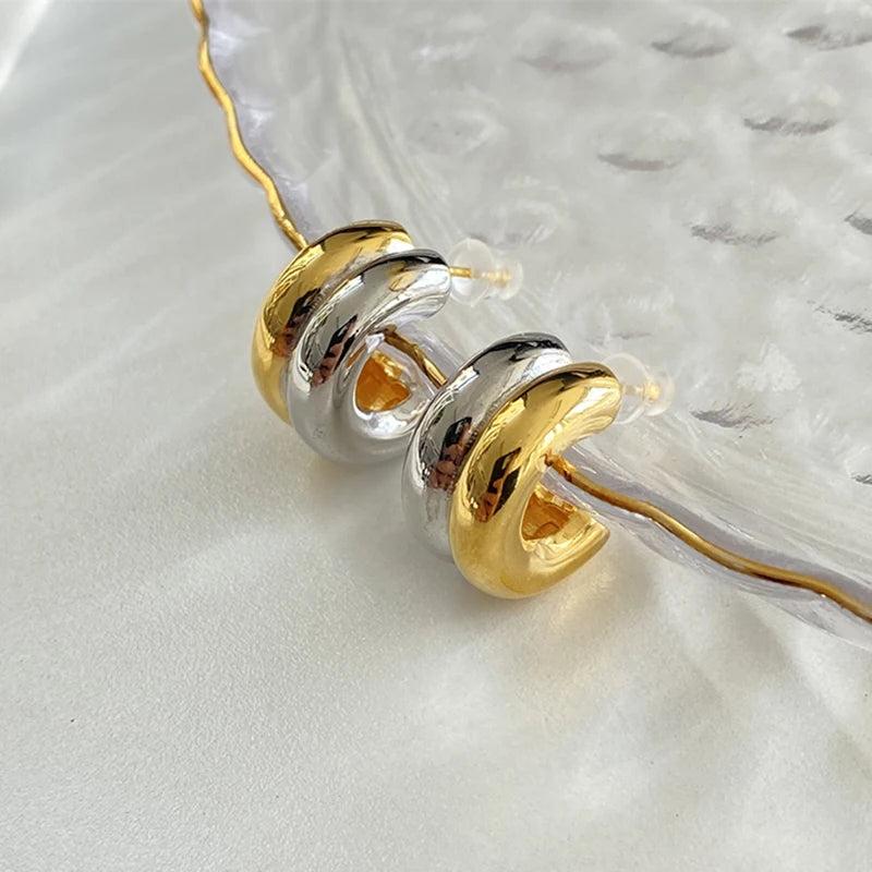 Double Layer Round Circle C Shape Hoop Earrings Gold&Silver Plated