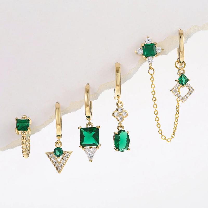 6 Pcs Green Crystal Stud Earrings Set for Women Korea Style Jewelry
