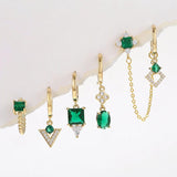 6 Pcs Green Crystal Stud Earrings Set for Women Korea Style Jewelry