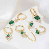 6 Pcs Green Crystal Stud Earrings Set for Women Korea Style Jewelry