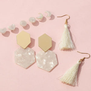 Hexagon Big Stud Set Moon Heart Tassel Earrings Jewelry