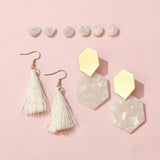 Hexagon Big Stud Set Moon Heart Tassel Earrings Jewelry