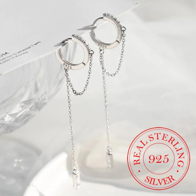 925 Silver Tassel Crystal Long Drop Earrings for Women