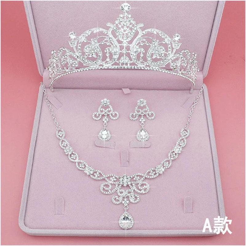 Bridal Jewelry Sets Crown Necklace Earrings Silver Color Women's Wedding Tiaras