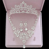Bridal Jewelry Sets Crown Necklace Earrings Silver Color Women's Wedding Tiaras
