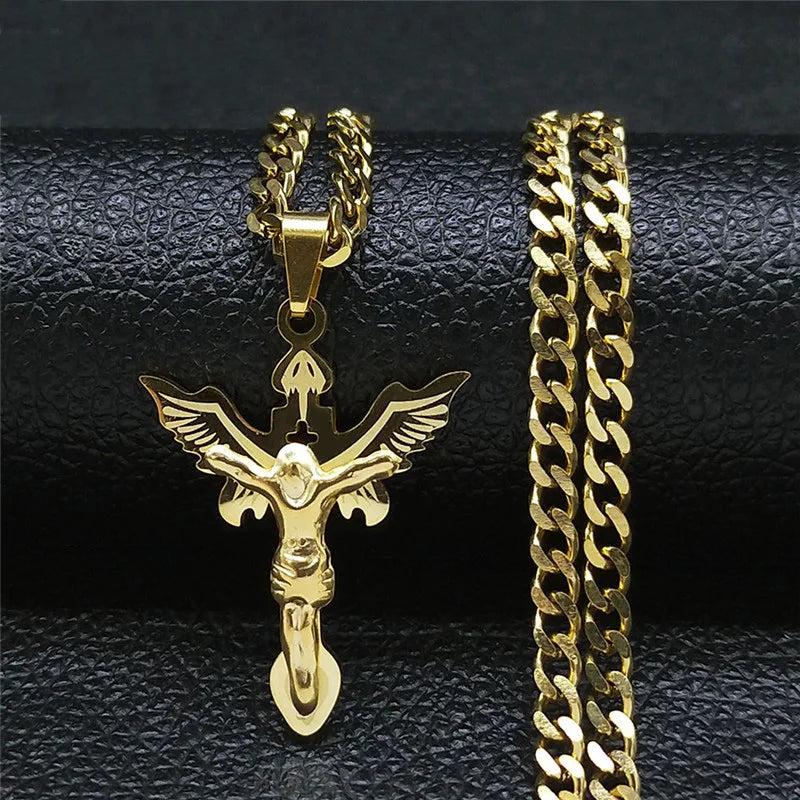 Stainless Steel Catholic Wings Jesus Pendant Necklace