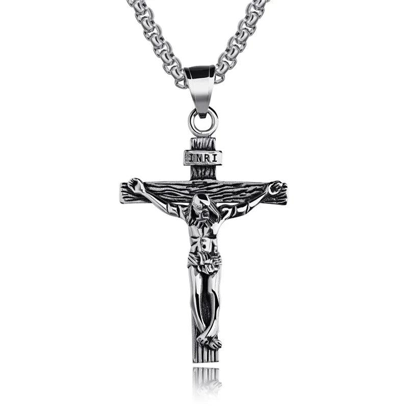 INRI Crucifix Jesus Pendant Necklace Stainless Steel Chain Vintage