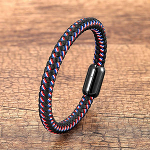 Woven Leather Bracelet Stainless Steel Magnetic Men's Bangles