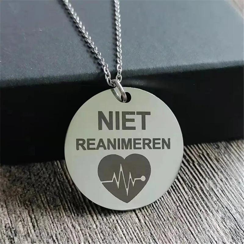 Heart Engraved NIET REANIMEREN Pendant Necklace Stainless Steel Charm