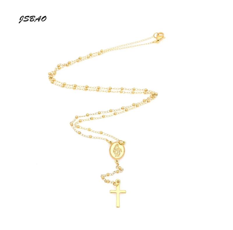 Women Rosary Necklaces Stainless Steel Virgin Mary And Jesus Cross Pendants