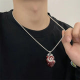 Retro Punk Red Heart Pendant Necklace for Unisex