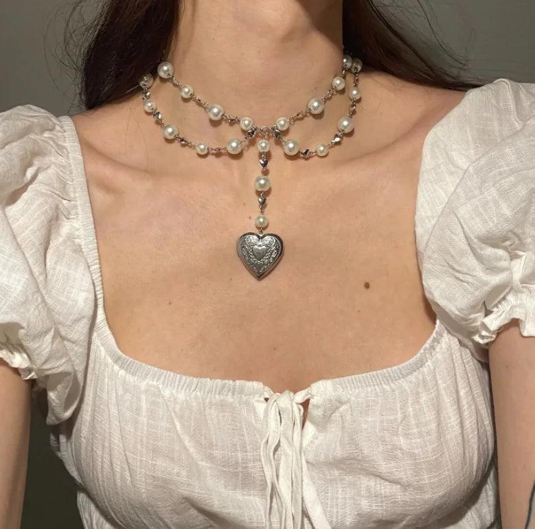 Stainless Steel Heart Locket Angelcore Rosary Necklace