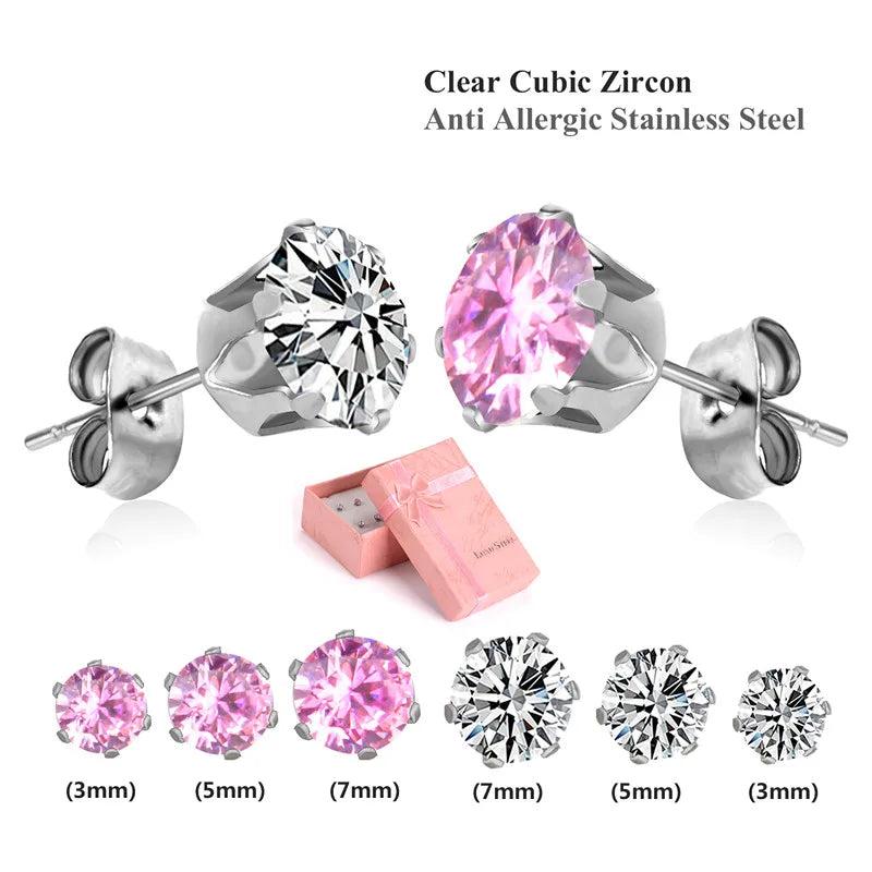 CZ Stud Earrings Set 6 Pairs Mix Size 3mm/5mm/7mm Round/Geomet