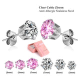 CZ Stud Earrings Set 6 Pairs Mix Size 3mm/5mm/7mm Round/Geomet