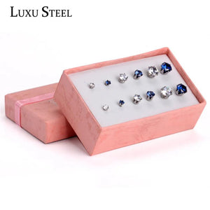 CZ Stud Earrings Set 6 Pairs Mix Size 3mm/5mm/7mm Round/Geomet