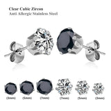 CZ Stud Earrings Set 6 Pairs Mix Size 3mm/5mm/7mm Round/Geomet