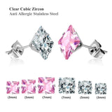 CZ Stud Earrings Set 6 Pairs Mix Size 3mm/5mm/7mm Round/Geomet