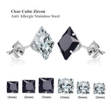 CZ Stud Earrings Set 6 Pairs Mix Size 3mm/5mm/7mm Round/Geomet