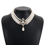 Vintage Pearl Rhinestone Necklace Multi-layer Square Pendant Chokers