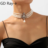 Vintage Pearl Rhinestone Necklace Multi-layer Square Pendant Chokers
