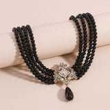 Vintage Pearl Rhinestone Necklace Multi-layer Square Pendant Chokers