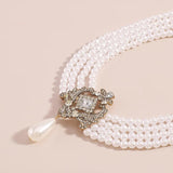 Vintage Pearl Rhinestone Necklace Multi-layer Square Pendant Chokers