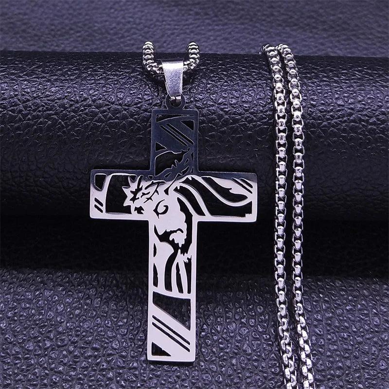 Cross Jesus Crown Necklace Stainless Steel Crucifix Jewelry