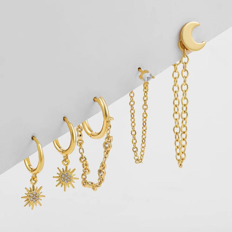 Sun & Moon Earrings Set CZ Crystal Stud Piercings