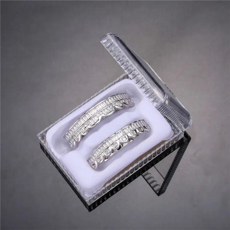 Hip Hop Iced Out Baguette Teeth Grillz Caps Set