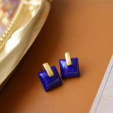 Square Lapis Lazuli Stud Earrings Silver Retro Geometric Earings