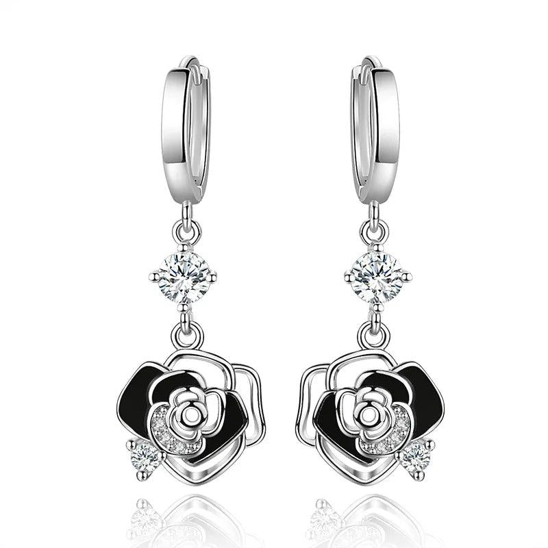 925 Silver Hoop Earrings Zircon Charm Rose Jewelry