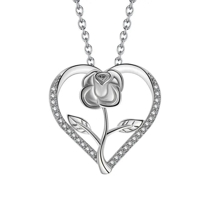 Zircon Love Heart Rose Necklace Women Gift 925 Silver Two Necklaces