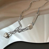 925 Silver Pearl Love Pendant Necklace Women Heart Clavicle Chain