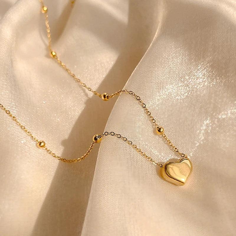 14K Real Heart Shaped Chain Pendant Necklace for Women Jewelry